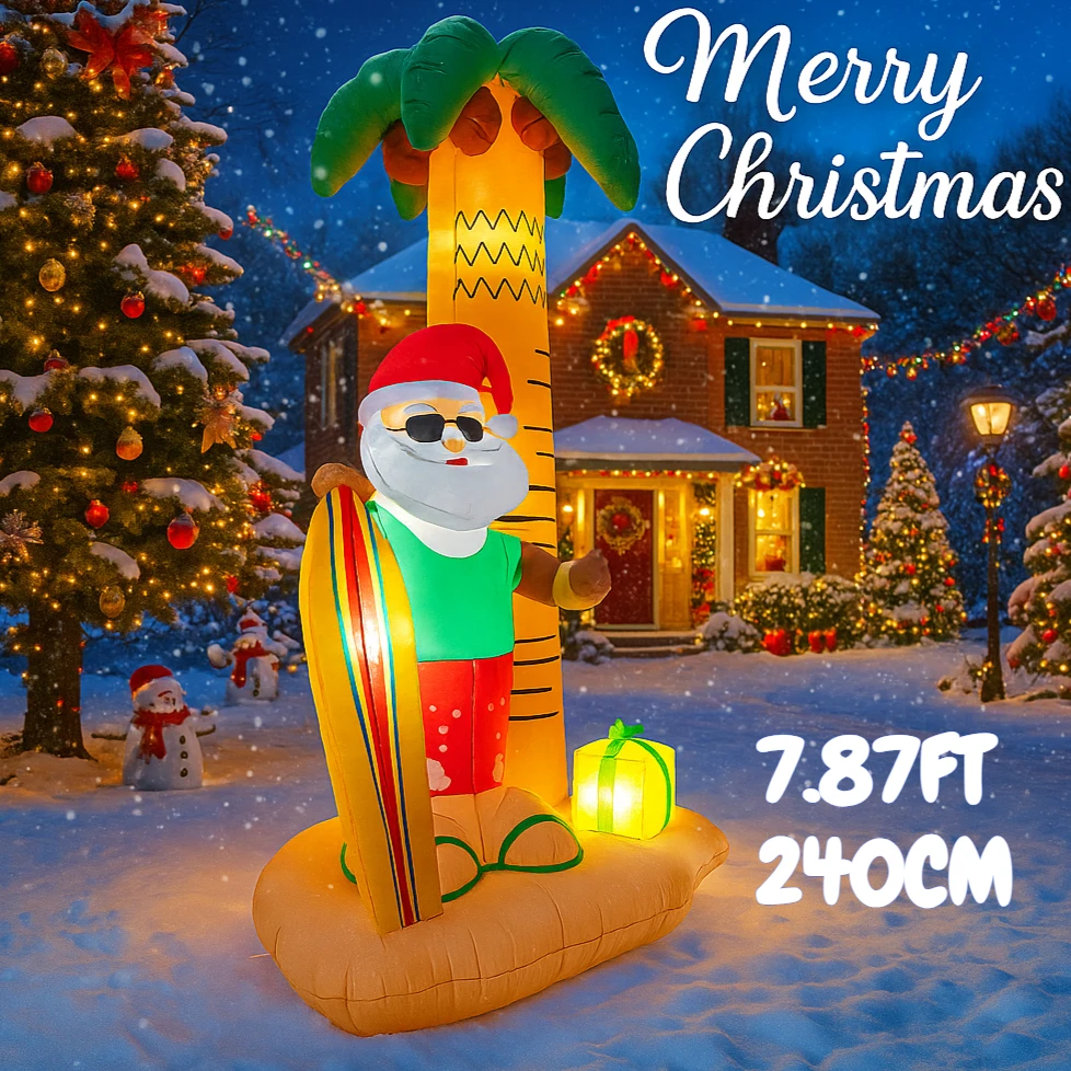 

7.87FT Inflatable Beach Santa Palm Tree Surfboard Toy LED Lit Festive Gift Xmas Yard Lawn Party Decoration Supplie Home Ornament