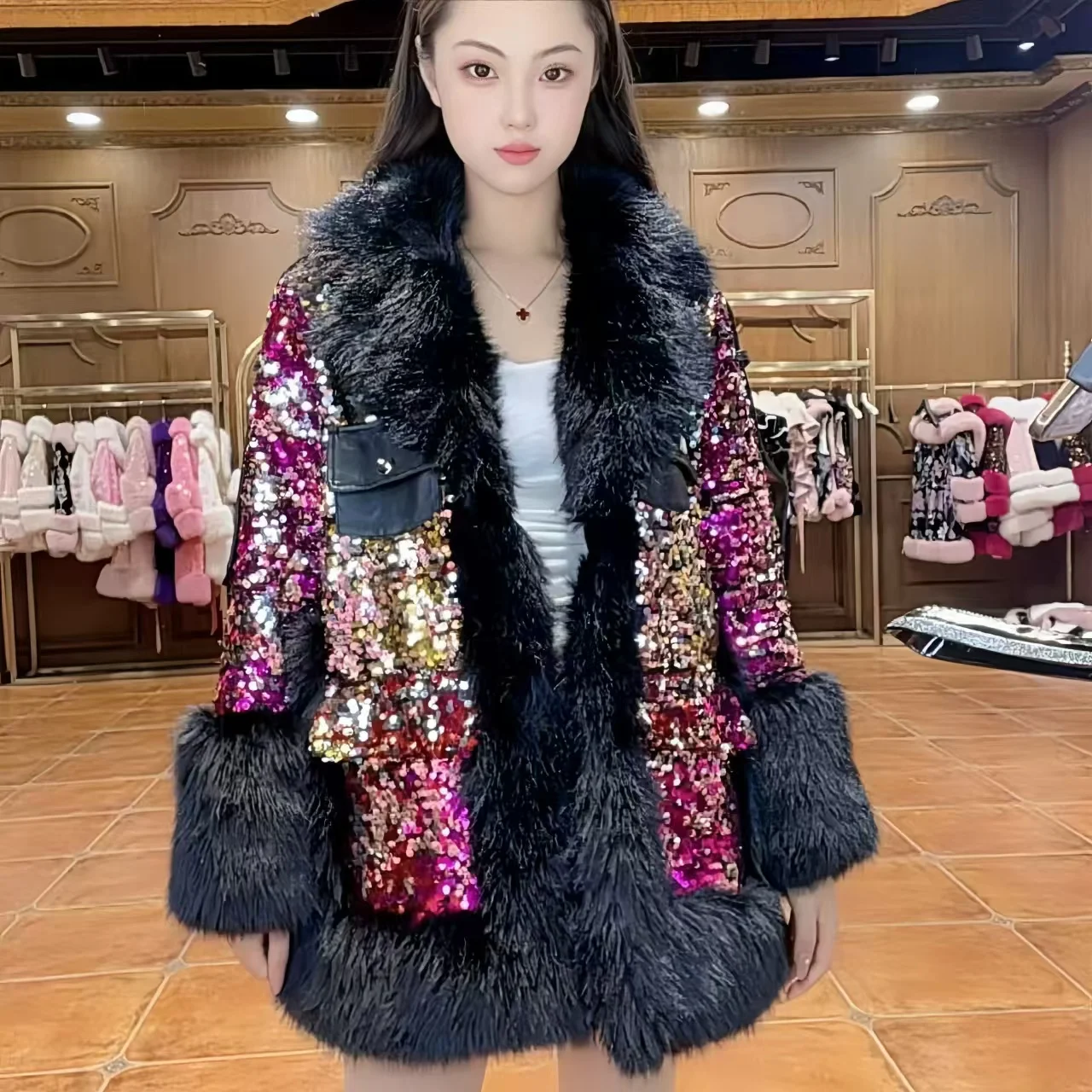 Faux Fur Coat for Women,Fur Collar,Spliced Overcoat,Covered Button Tops,Female Clothes, Warm,Luxury,New,Winter,2025