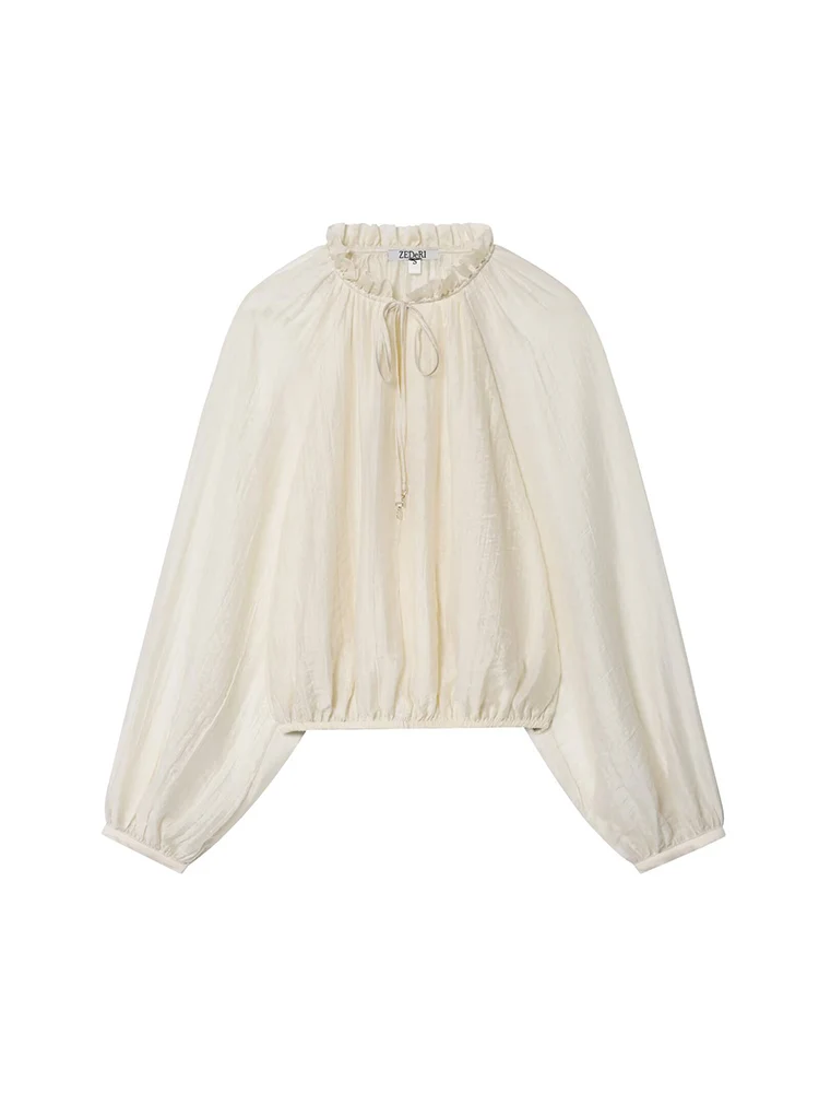 

Европейский и американский стиль, осенняя новая модная тенденция, повседневная женская одежда, свободная рубашка с длинными рукавами и пышными рукавами, драпированная рубашка с круглым вырезом