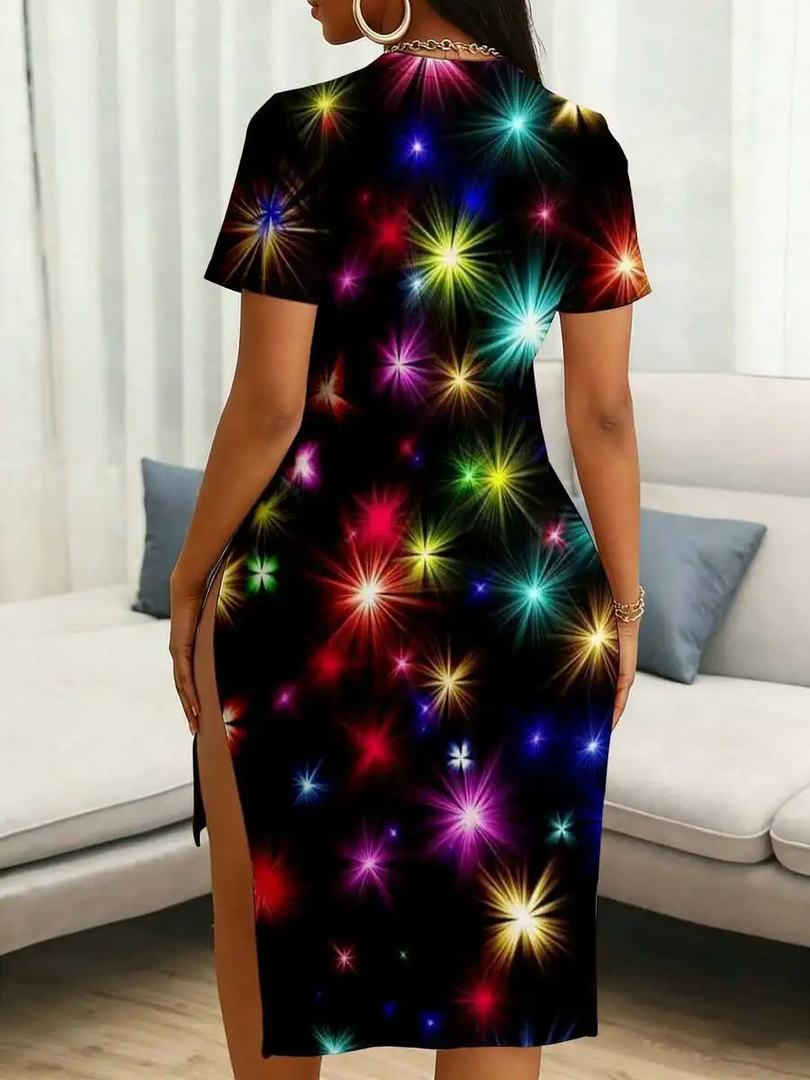 

Colorful Star Print Bodycon Dress With High Slit For Party Festival Night Out
