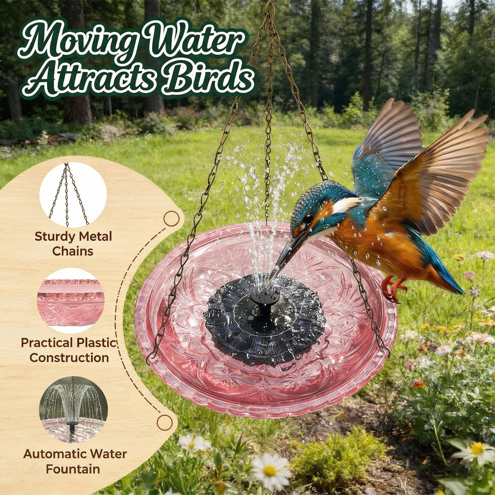 Solar Fountain Hanging Bird Bath Wildlife Feeder Bird Bath Bowl with Solar Powered Pump for Outdoor Garden Backyard Patio Lawn