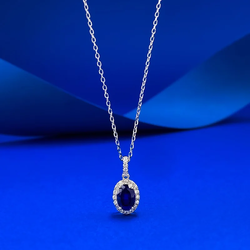 

S925 silver necklace 5 * 7mm oval zircon blue and red inlaid pendant with adjustable length for women's jewelry