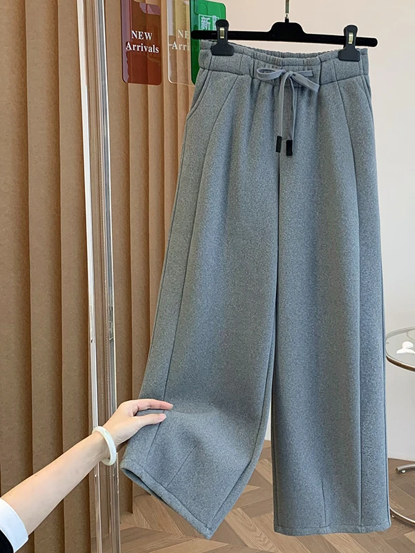 

High-End Women's Thiened Fce Lined Elastic Waist Dstring Casual Pants Large Size Loose Fit Wide Leg Trousers