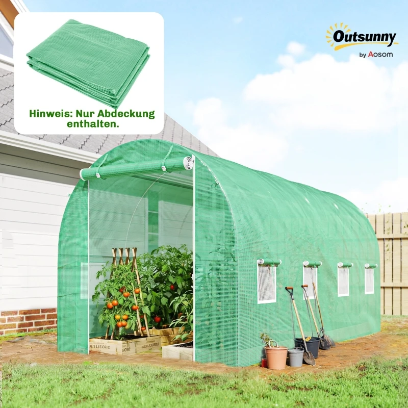 Couverture de serre 4x2m, film polyéthylène imperméable pour jardin avec porte enroulable, 8 fenêtres, protection UV, résistant aux déchirures, PE 140gsm, transmission de la lumière à 85%, vert