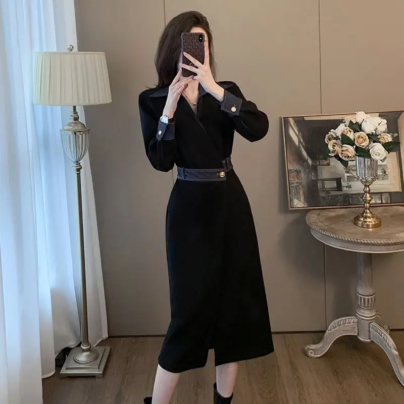 2024 Spring Autumn Women Slim Long Sleeve Dress Korean Office Lady Graceful Black Split Patchwork Midi Dress V-Neck Gown Female