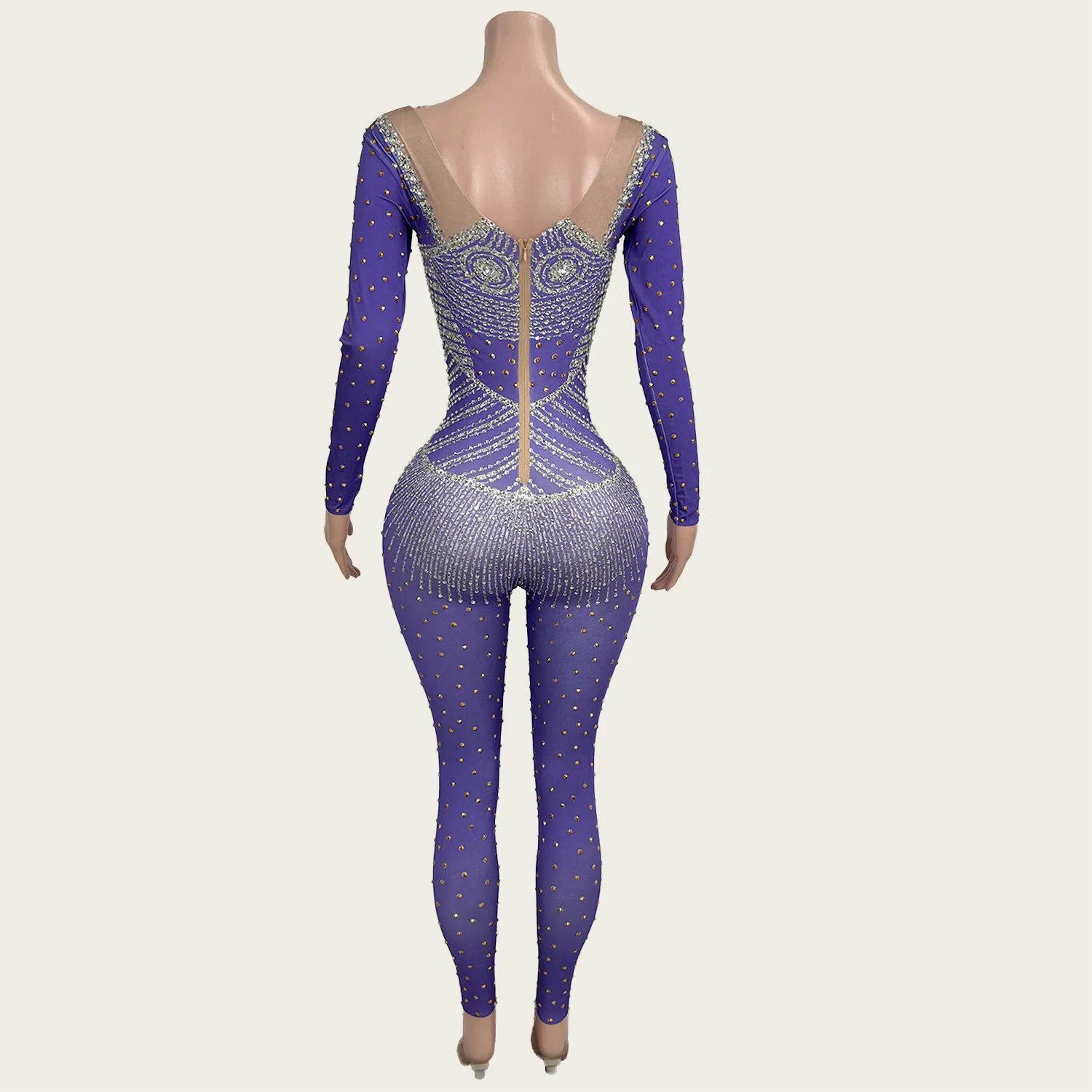 Tuta aderente viola Drag Queen Performer Wear Strass Spandex Elastico Maniche lunghe Tuta Club Party Outfit Zijin