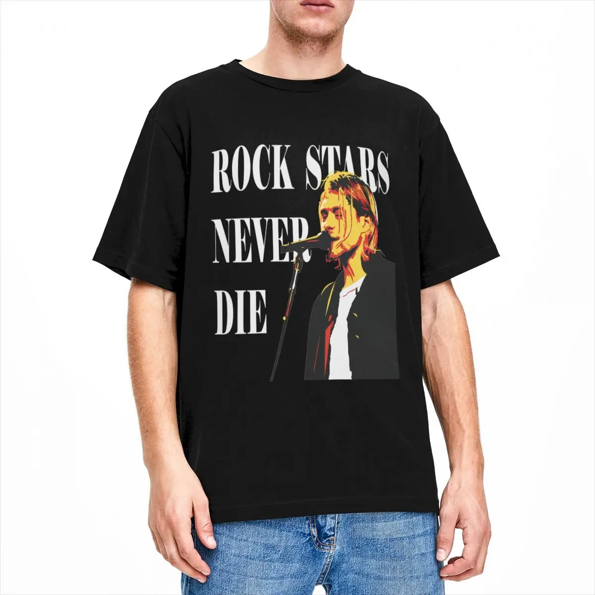 Kurt Cobain Rock Stars Never Die Men Women T Shirt Merch Vintage Tees Short Sleeve T-Shirts Pure Cotton Graphic Printing Clothes