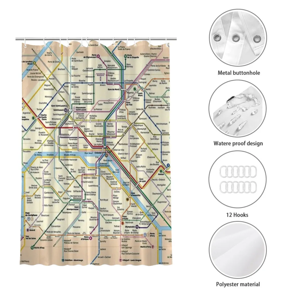 Paris METRO Map Shower Curtain Landscape Bath Curtain With Hooks for Bathroom waterproof scenery