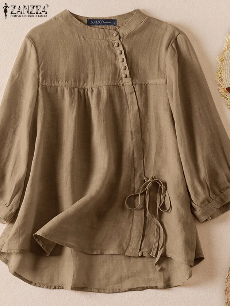 Women Shirt ZANZEA Fashion Tops 2024 Summer Blouse 3/4 Sleeve Lace Up Casual Loose Solid Color Vintage O Neck Blusas Femininas