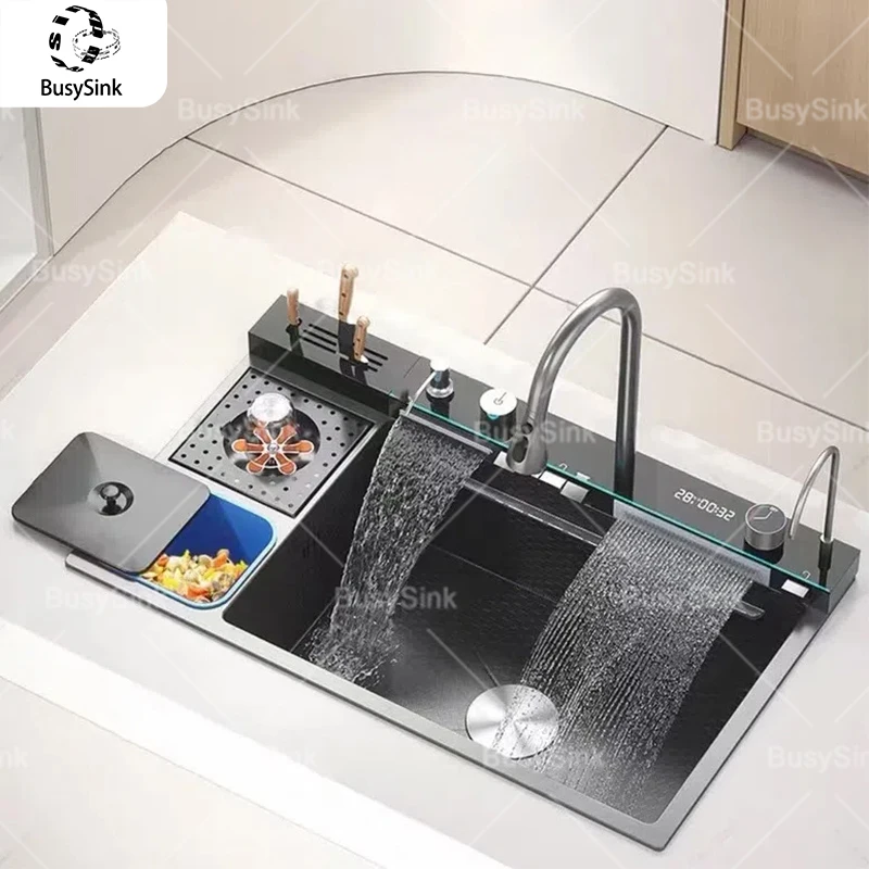 

Smart Digital Display Waterfall Faucet Kitchen Sink With Knife Holder and Trash Can Household Wash Dish Basin Large Single Slot