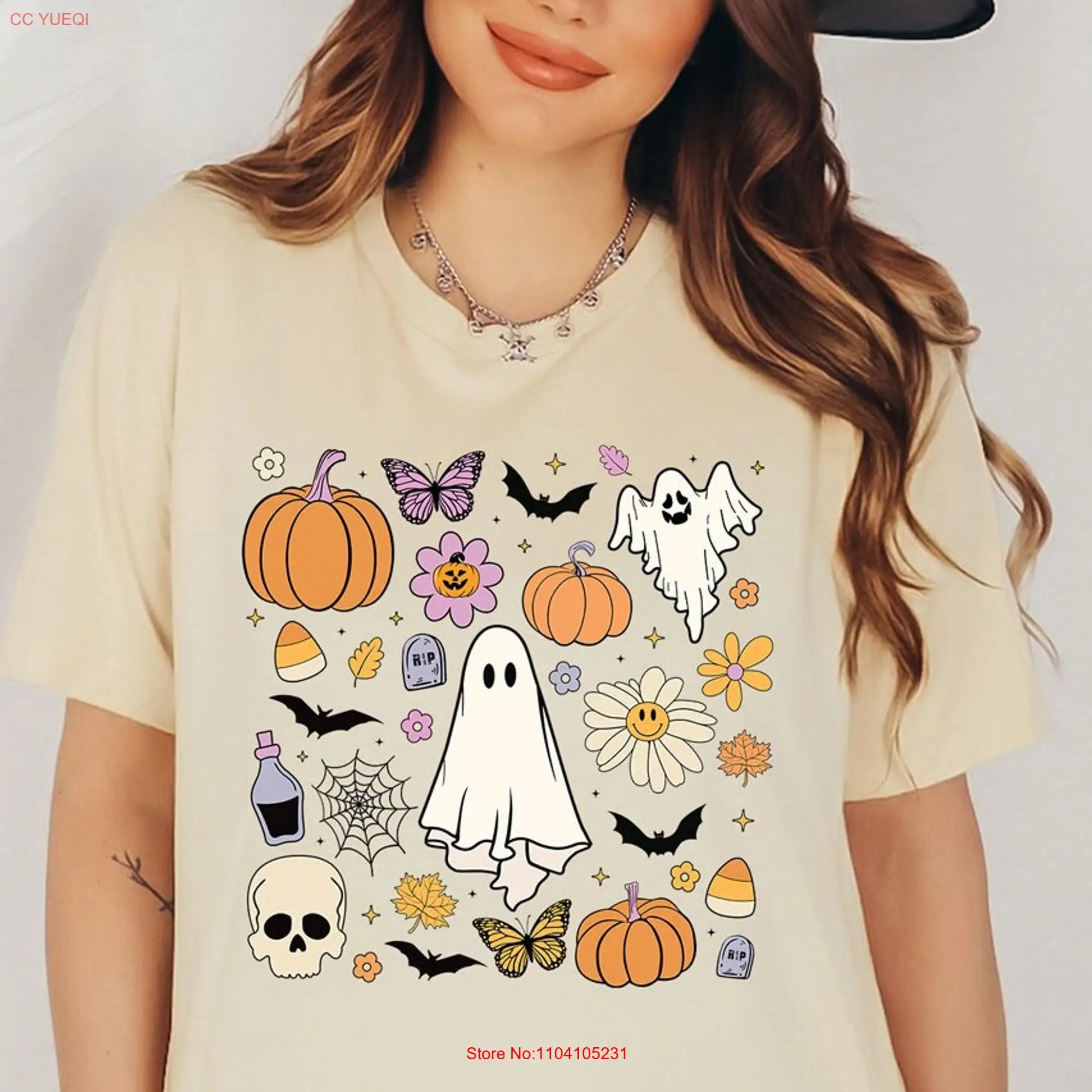 Halloween T Shirt Doodles Cute Theme Spooky Retro Ghost Things F21 long or short sleeves