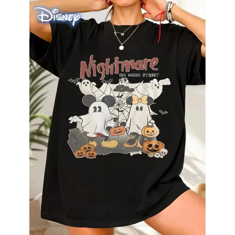 

Cartoon Mickey Minnie Pumpkin Lantern Print T-shirt Disney Halloween New Women's Plus Size Trend Loose Casual Short-sleeved Top