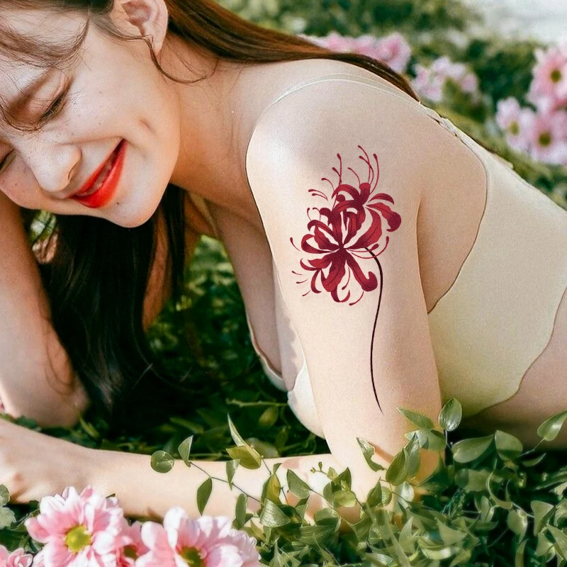 

1pc Woman Waterproof Fake Tattoo Sticker Flower Temporary Tattoo Creative Higanbana Flower Girl Temporal Tattoos Body Art