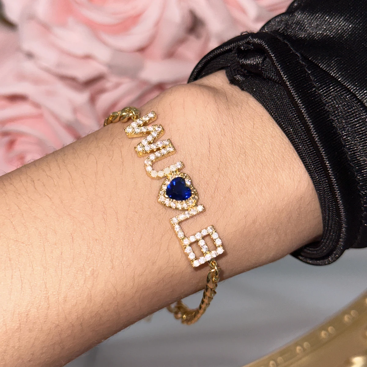 Custom Zircon  Letter Bracelet For Women Heart Colored Birthday Stone Name Bracelet with Thick Cuban Chain Bracelet Fro Women