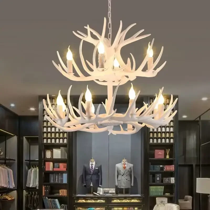 American Countryside Retro Resin Chandelier Living Room Villa Dining Table Lighting Restaurant Cafe Decor Deer Horn Hanging Lamp
