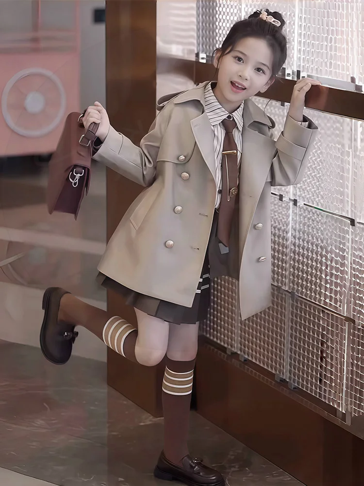 4-14 الخريف الكاكي 100% طفل الفتيات مزدوجة الصدر سترة واقية فتاة في سن المراهقة المدرسة سترة صغار طفل ملابس خارجية معطف الملابس