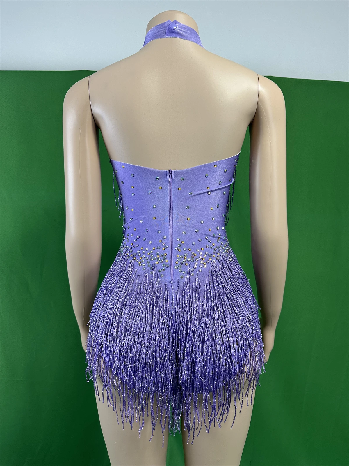 Versatility Seductive Stylish Women Sexy Backless Purple Rhinestone Tassel Dance Carnival Stage Bodysuits Shinning Latin Outfits