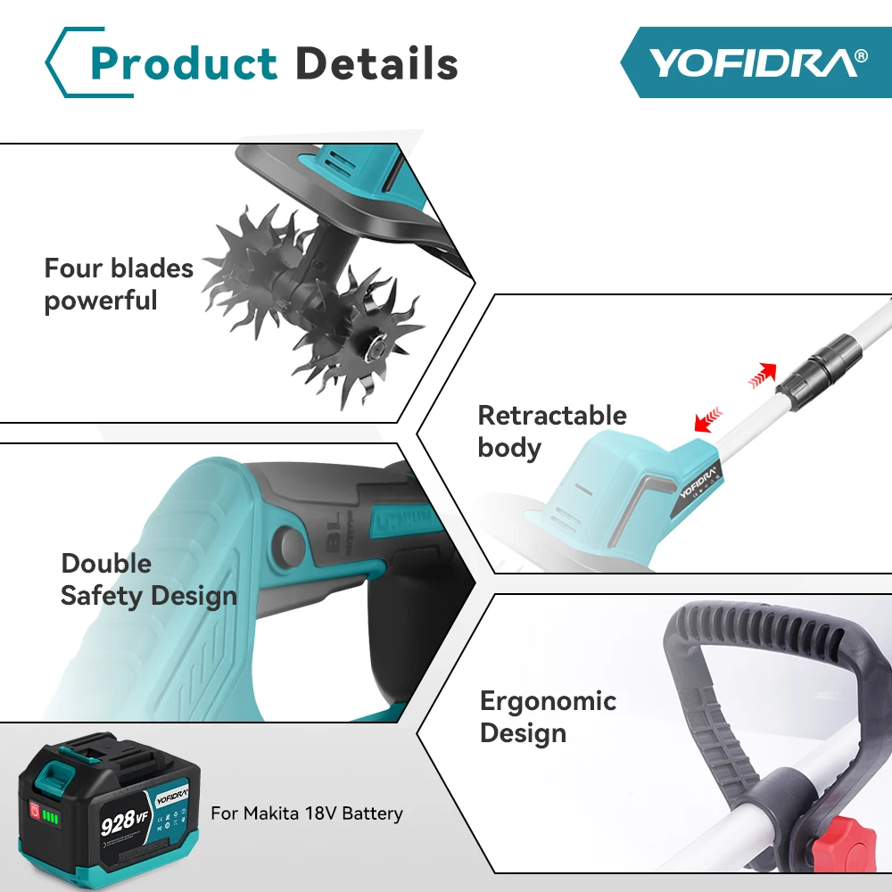 YOFIDRA فرش 1500 واط الكهربائية حارق الحدائق جزازة العشب Rototiller لزراعة التربة حديقة أداة ل ماكيتا 18 فولت بطارية دبوس