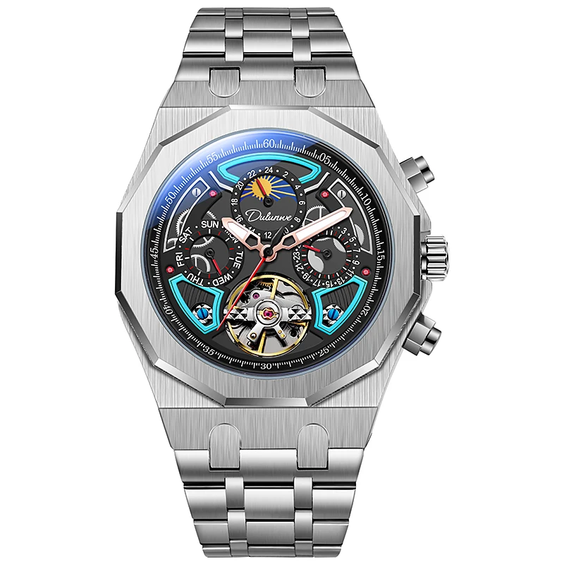 Dulunwe Men Automatic Mechanical Watch Octagonal Stainless Steel Bracelet Hollow Flywheel Dial Moon Phase Week Date
