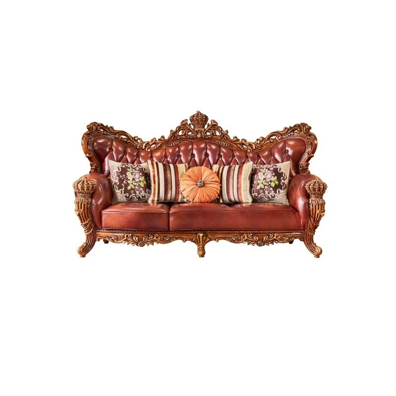 

European Sofa Solid Wood Carving European Leather French Living Room Cowhide Villa Leather Sofa