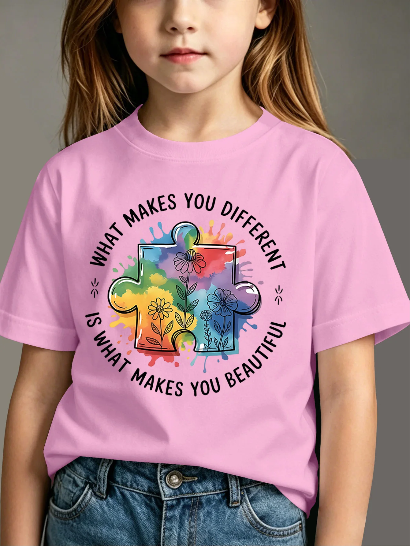 Rainbow Puzzle Flower Letter Print Boys Girl T Shirt Inspirational Kids Tee Parent Child Matching Casual Summer Family Daily Top