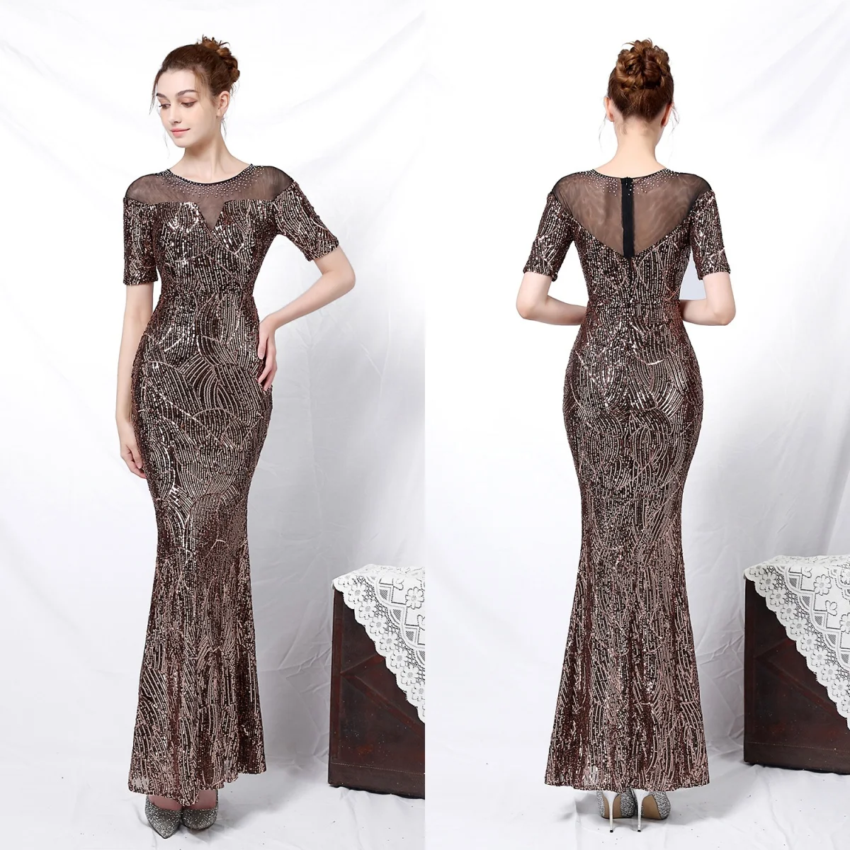 Evening Dresses Black Golden Sequins Stretchy Crystal O-neck Zipper Mermaid Trumpet Floor Length Women Party Formal Gowns YE031