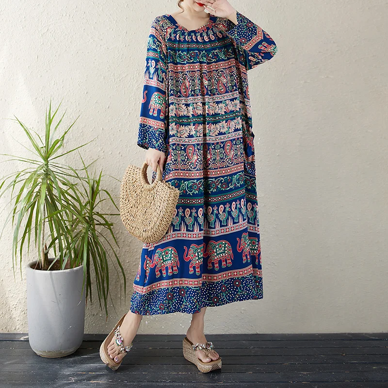 

Loose Long Sve Women's Dr Ethnic Sle Oversized Cotton Print Maxi Skirt Casual round Ne Full Length Gown Spring Autumn