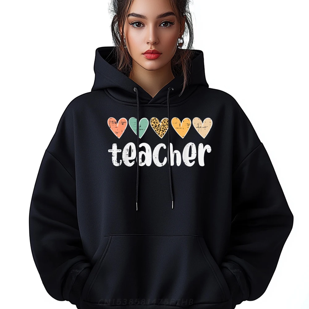 

Teacher Hearts Leopard Love Appreciation Geek Hoodies Long Sleeve For Women Thanksgiving Day O Neck Hoodies Casual Coat Latest