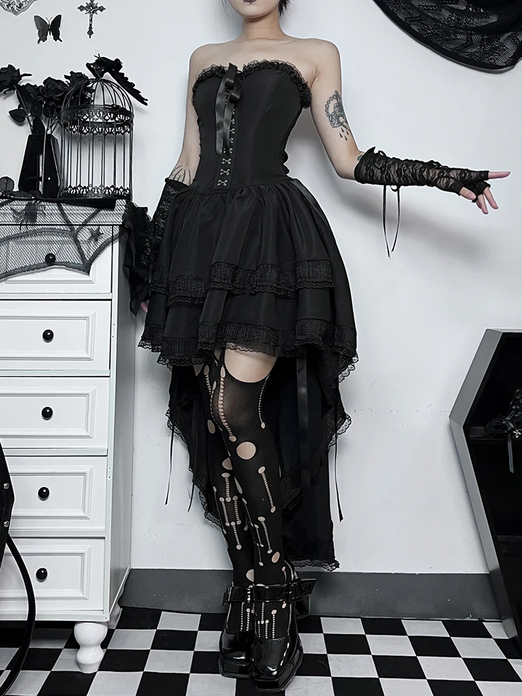 Goth Dark Elegant Bandage Partywear Dress Gothic Lace Patchwork A-line Sexy Outfits Women Backless Summer Night Dress Robes