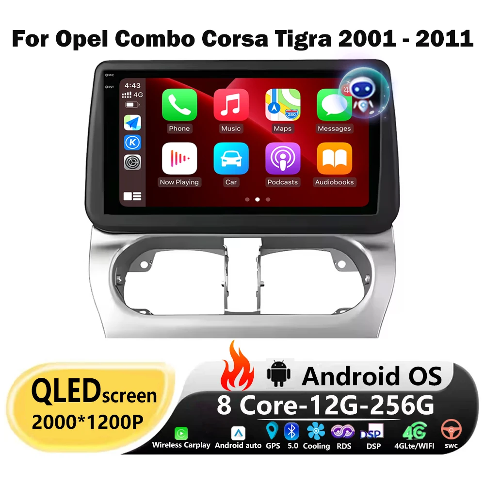 Android 16 Auto For Opel Combo Corsa Tigra 2001-2011 QLED Screen Car Radio Multimedia Player Navigation GPS Wireless CarPlay BT