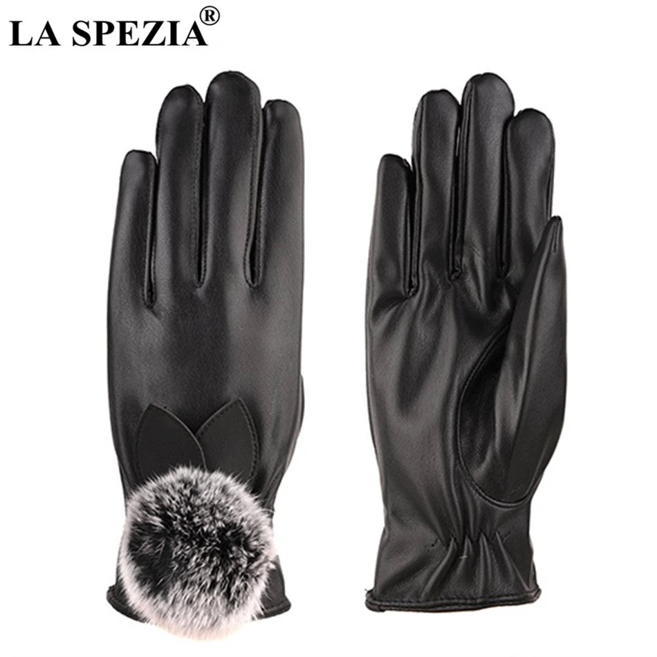 LA SPEZIA Leather Gloves Women Winter Rabbit Fur Pom Pom Gloves Pink PU Fleece Ladies Elegant Windproof Touchscreen Mittens