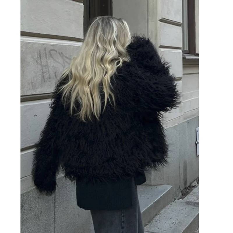 JANEFUR Winter Jacket 100% Mongolian Sheep Fur Coat Women Luxury Short Black Wholesale Custom Thick Real Fur