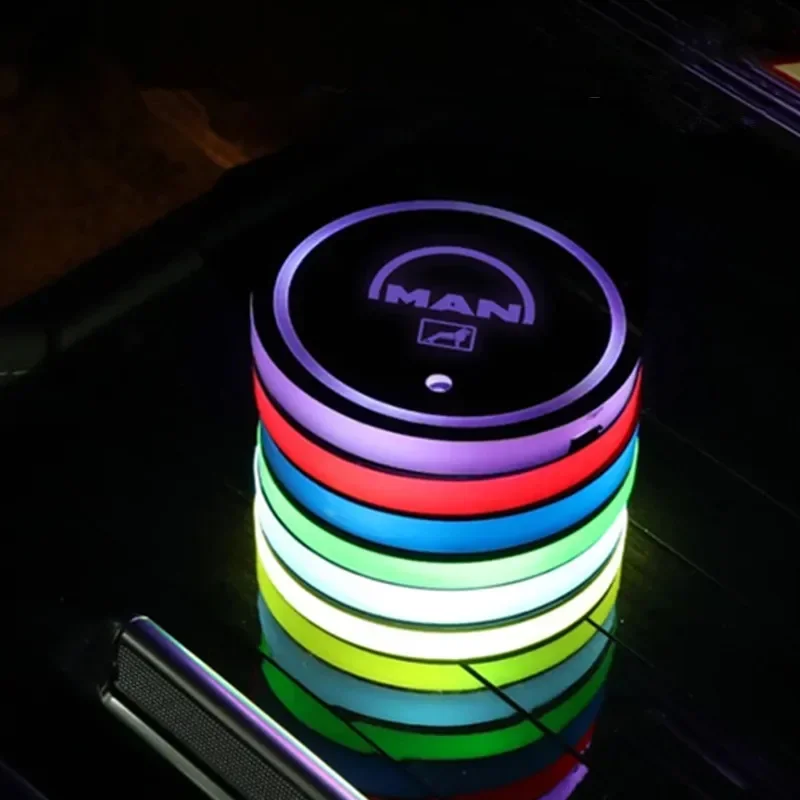 2PCS For MAN TGX TGM TGS TGE Luminous Car Water Cup Coaster Holder 7 Colorful USB Charging Car Atmosphere Light