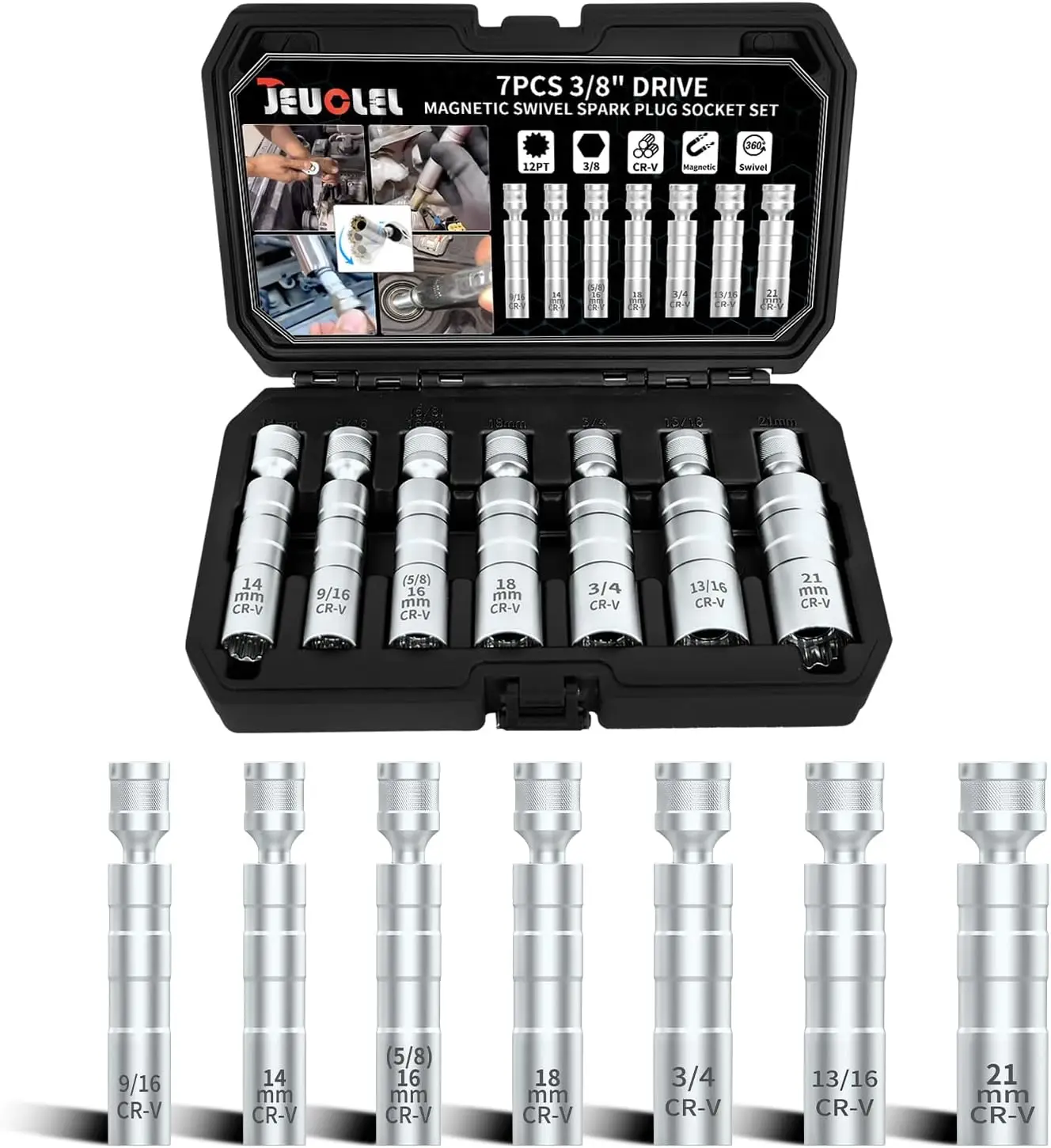 

Набор из 7 магнитных шарнирных головок для свечей зажигания с приводом 3/8 дюйма, 12-гранные, 9,5 мм, универсальные, тонкостенные, для автомобилей, внедорожников, мотоциклов