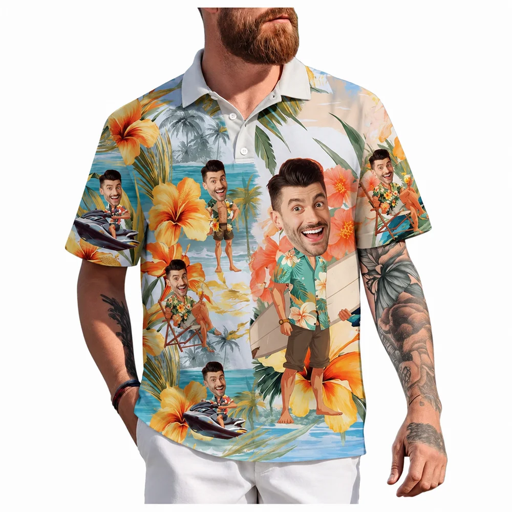 Custom Face Hawaiian Polo Hibiscus Surf Beach DIY Photo Casual Holiday  Tops Great Gift Boyfriend Husband Tropical Daily Shirts