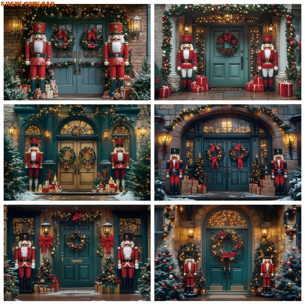 

Christmas Nutcracker Soldier Backdrop Xmas Tree Home Door Wreath Lamps Kids Portrait Christmas Eve Party Photography Background