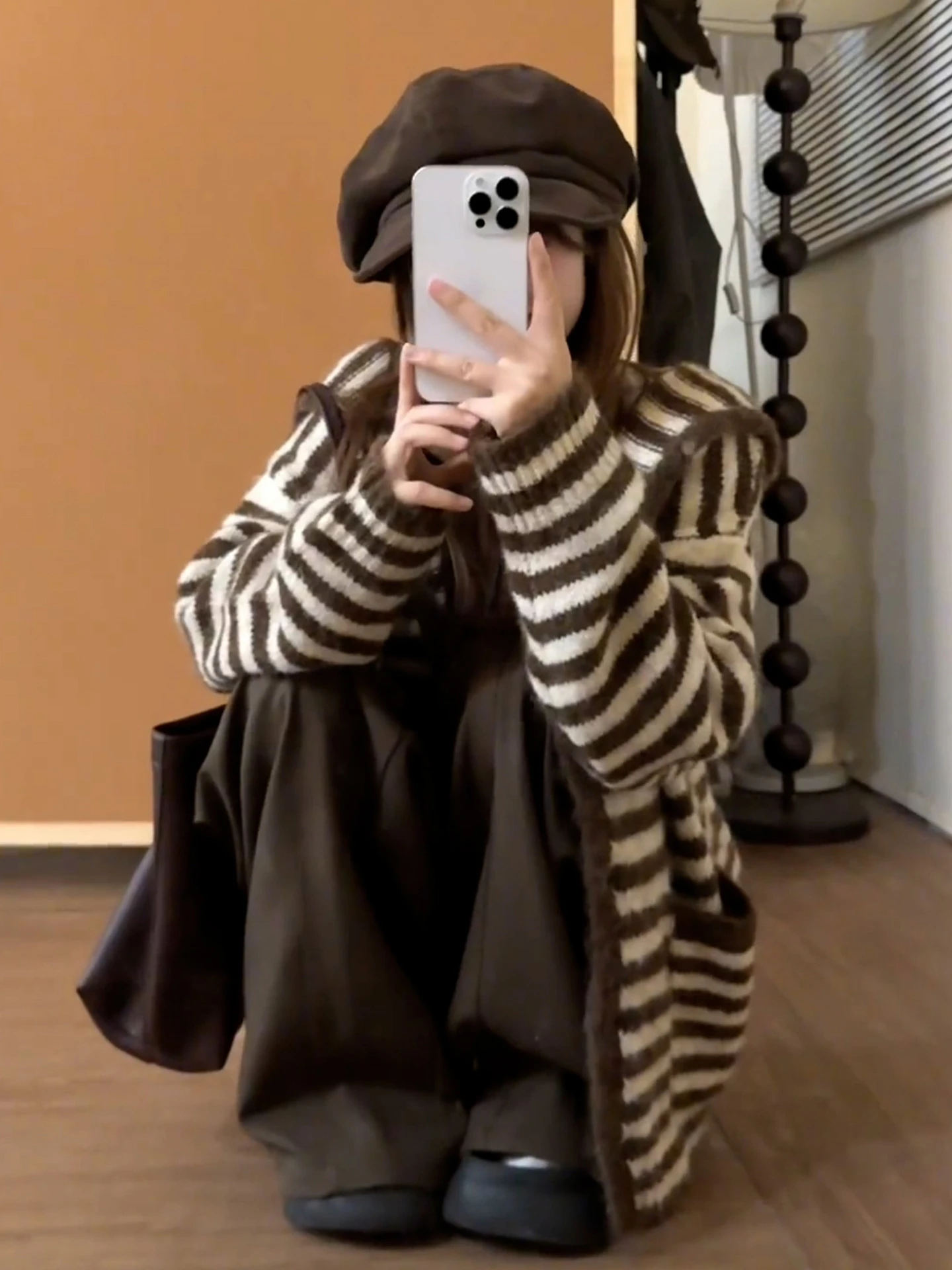 

Korean Sle Lazy Stripe Hat Women's Sweater Coat Autumn Winter New Faionable Open Cardigan Top Coffee Color Warmth Heating