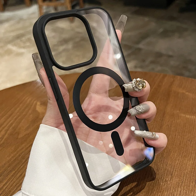 حافظة شفافة سوداء متقدمة للأعمال الفاخرة لهاتف آيفون 15 14 13 12 11 Pro Max Plus Magsafe غطاء حماية مغناطيسي غير لامع مضاد للانزلاق