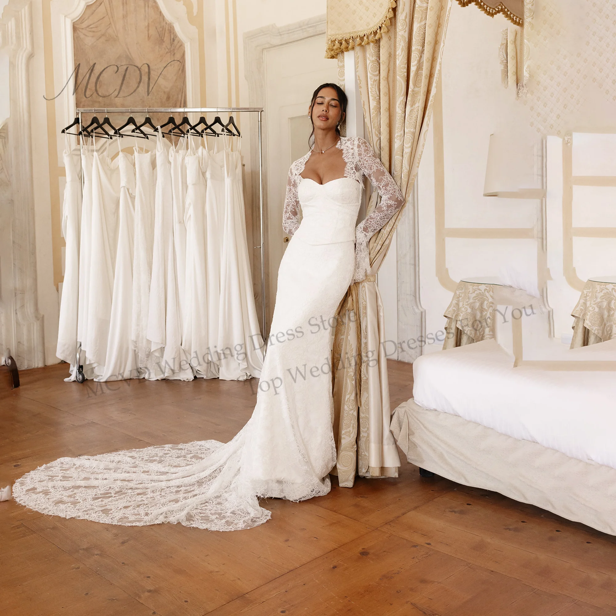 Lace Wedding Dresses Plus Size Women Full Sleeve Applique Boho Bride Gowns Corset Back vestido corte sirena novia Customized