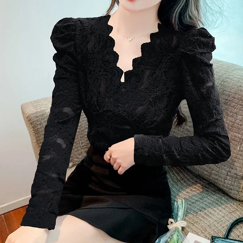 Elegant Sexy Rose Red Lace Shirt Blouse Beautiful Bubble Sleeve Brushed Basic Top Women Autumn Blusas Black White