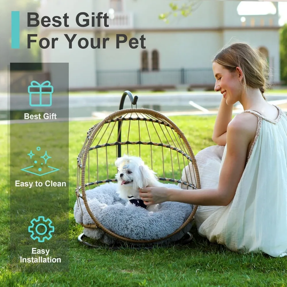 سرير كرسي أرجوحة للقطط - وسادة قابلة للإزالة والغسل، أرجوحة من الخيزران المعلقة للقطط والكلاب الصغيرة في الأماكن المغلقة - رمادي فاتح