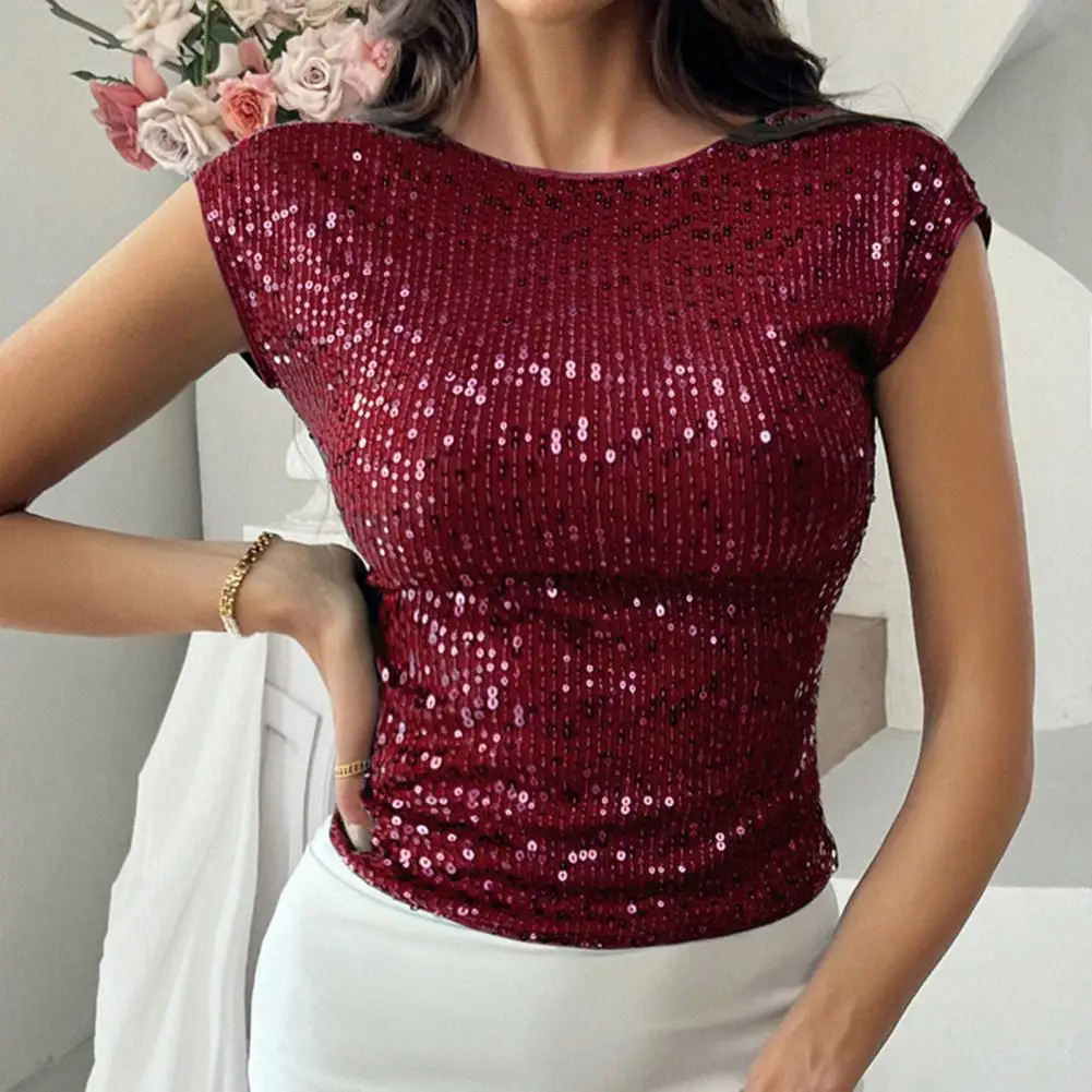 Verão sexy lantejoulas camiseta feminina em torno do pescoço manga curta topos camiseta sem costas design magro festa camisetas