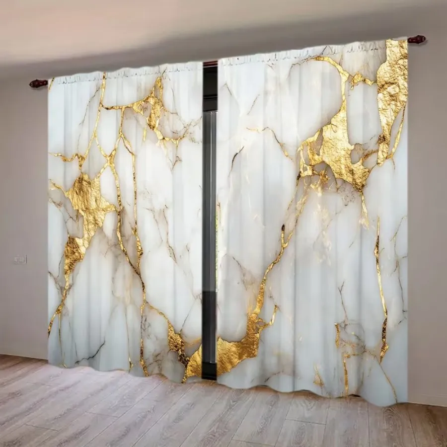 2 PCS Golden Marble Curtains, Luxury Premium Style Window Drapes for Living Room Bedroom Home Decor Polyester Rod Pocket Design