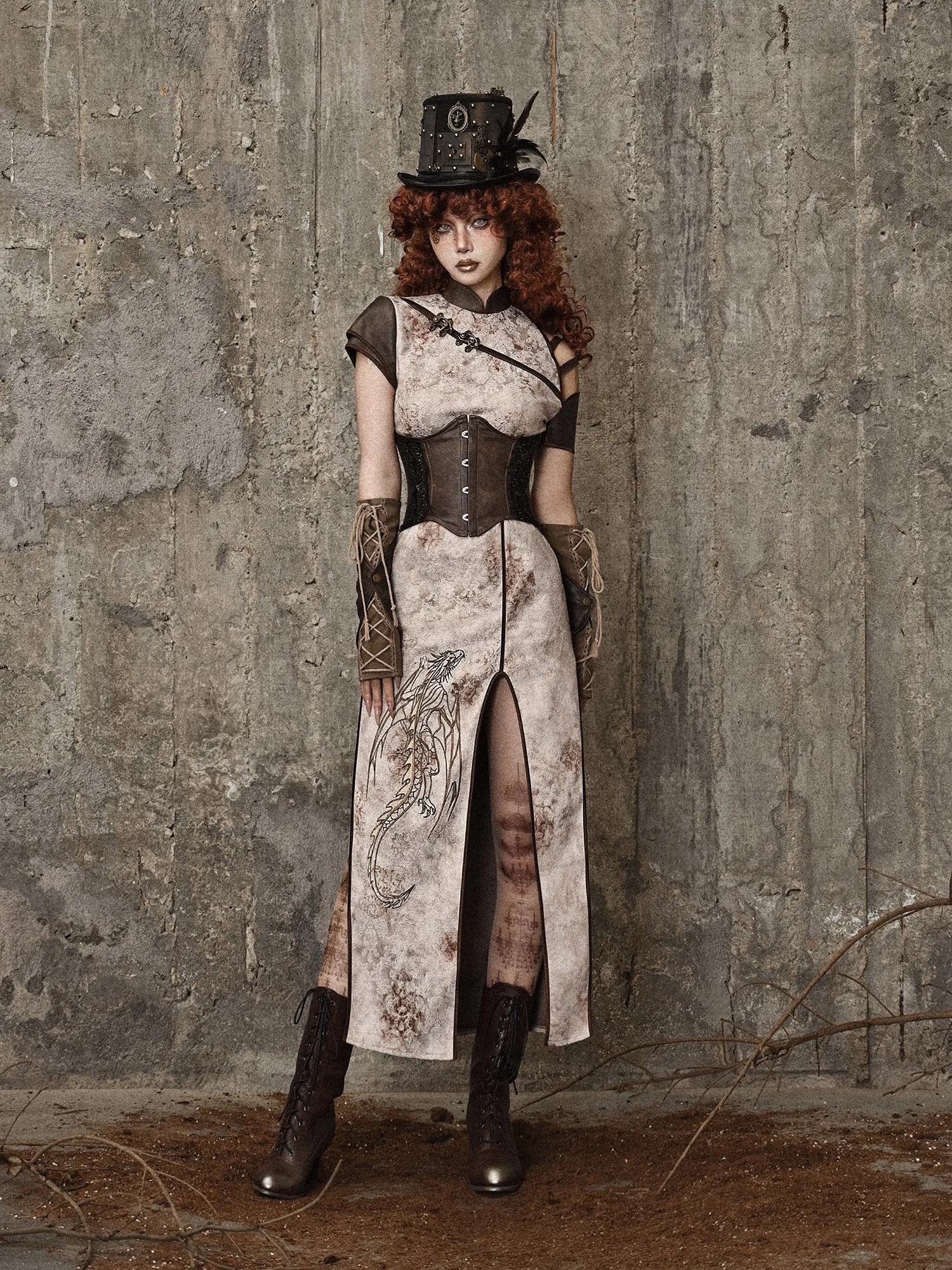 

Оригинальное ретро стимпанк ремень с вышитым узором дракона Cheongsam Slim Fit старое европейское длинное платье с разрезом и принтом для женщин