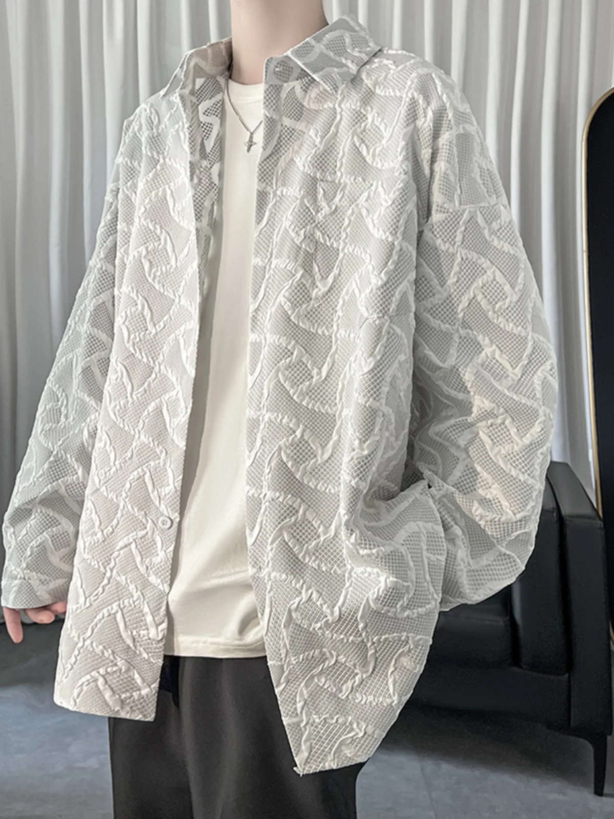 

Мужская рубашка для ранней весны в стиле хип-хоп, модная, с рельефным узором, свободного кроя, с длинным рукавом, премиум-качество, верхняя одежда для весны и осени