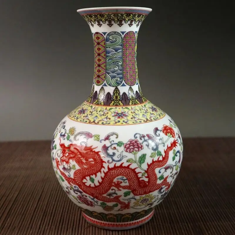 Chinese collection retro crafts Famille rose porcelain dragon phoenix patterns antique ceramic vases home desktop decor ornament