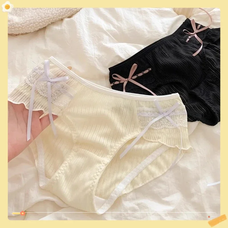

New Japanese-style Simple Pure Cotton Low-waist Girl's Underpants Antibacterial Breathable and Comfortable with Solid Color Bows
