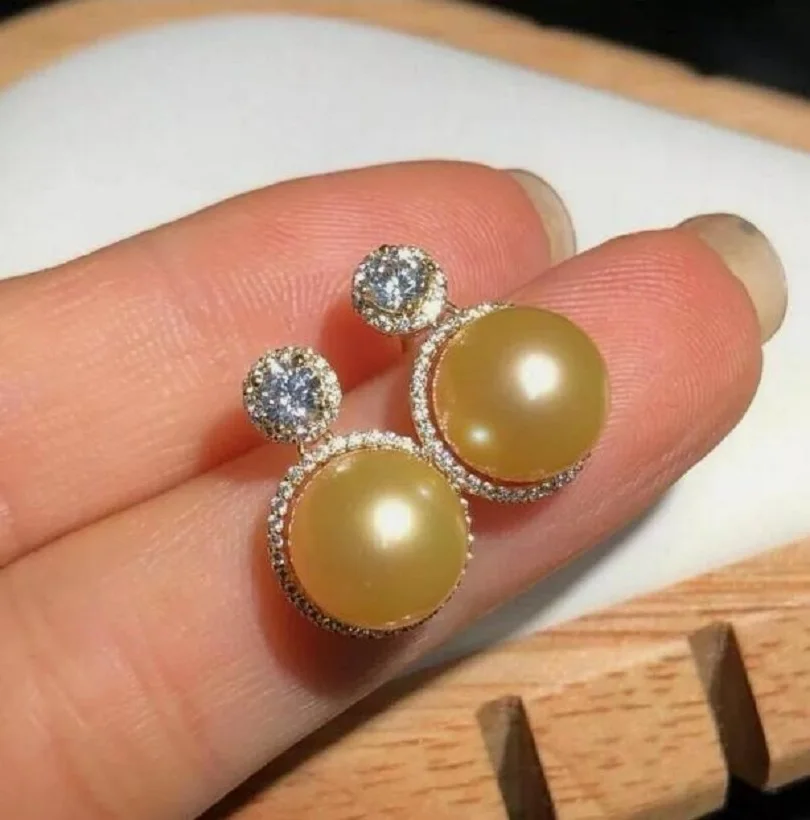 

Beautiful Classic AAAAA 9-10mm South China Sea Authentic Gold Pearl Earrings 925