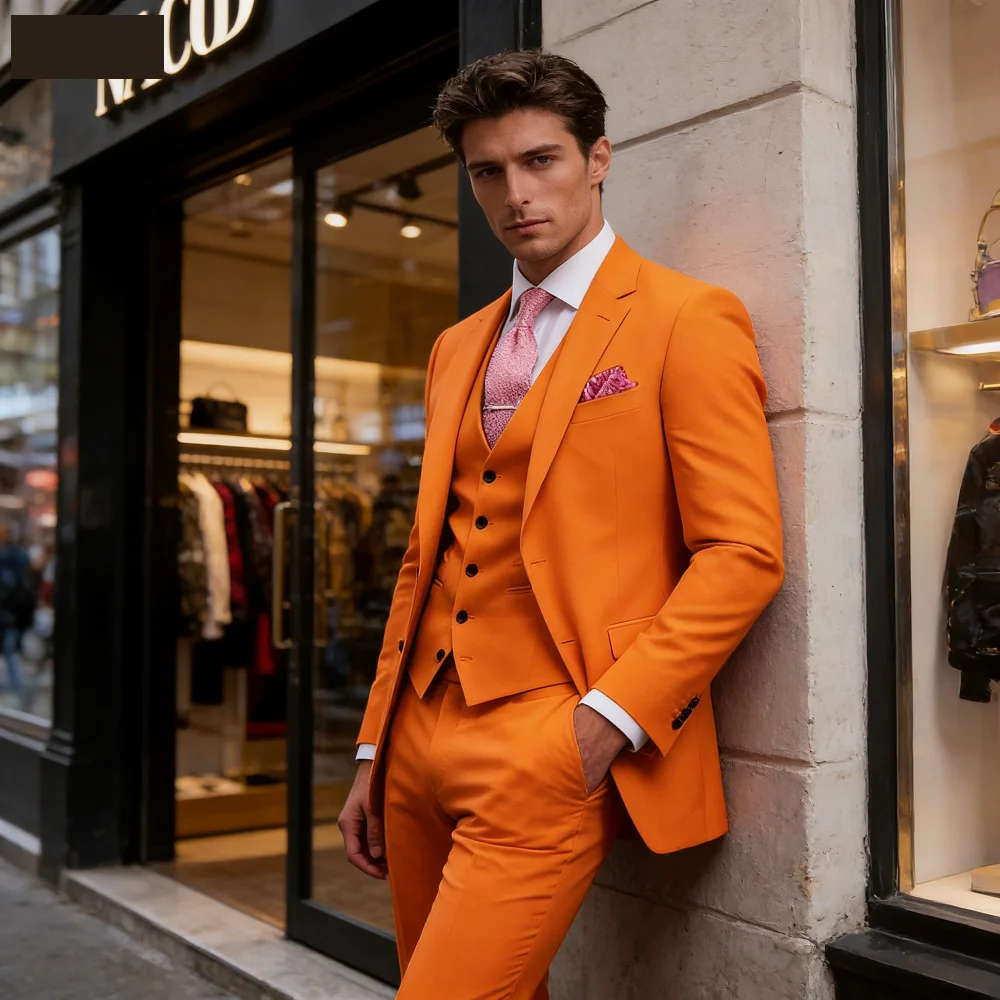 

Men's 3 Piece Pink Slim Fit Tuxedo Suit with Pants And Vest Classic Plain Color Wedding Groom Custom Outfit