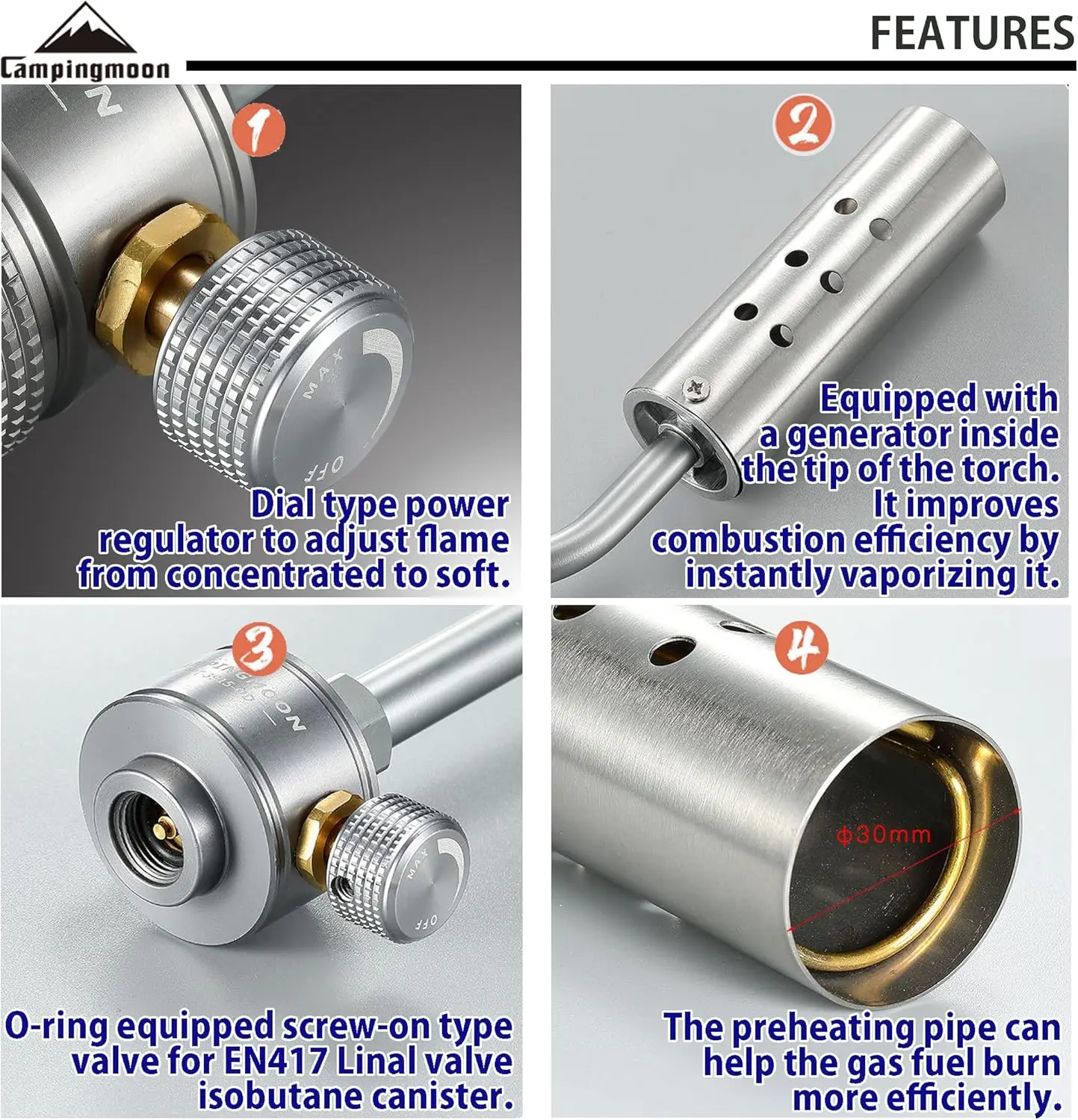 شواية شعلة غاز CAMPINGMOON MT-3915 مع التحكم في اللهب للشواء، نار المخيم، الموقد (وقود Isobutane، غير متضمن)